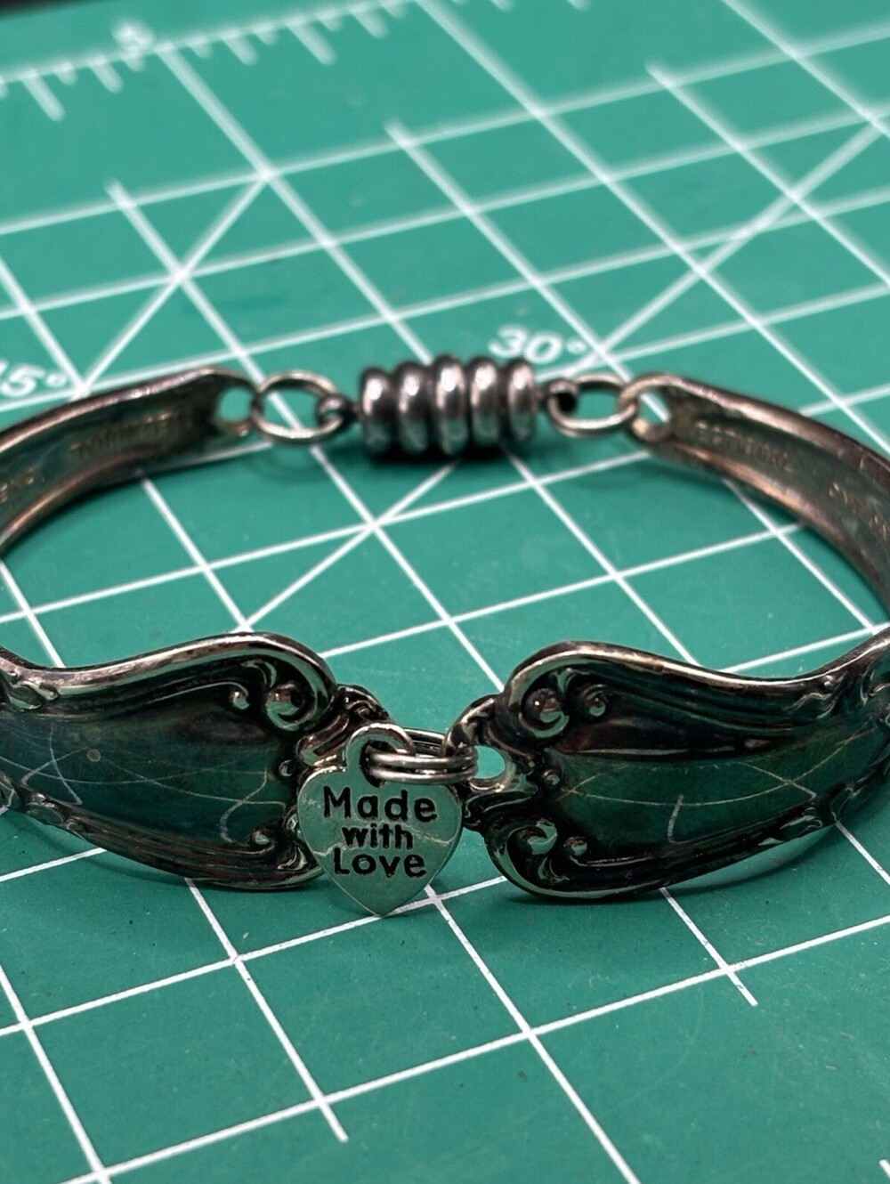 Vintage Silver Tone Silverware Flatware Spoon Bracelet Handmade Patina 7” Floral